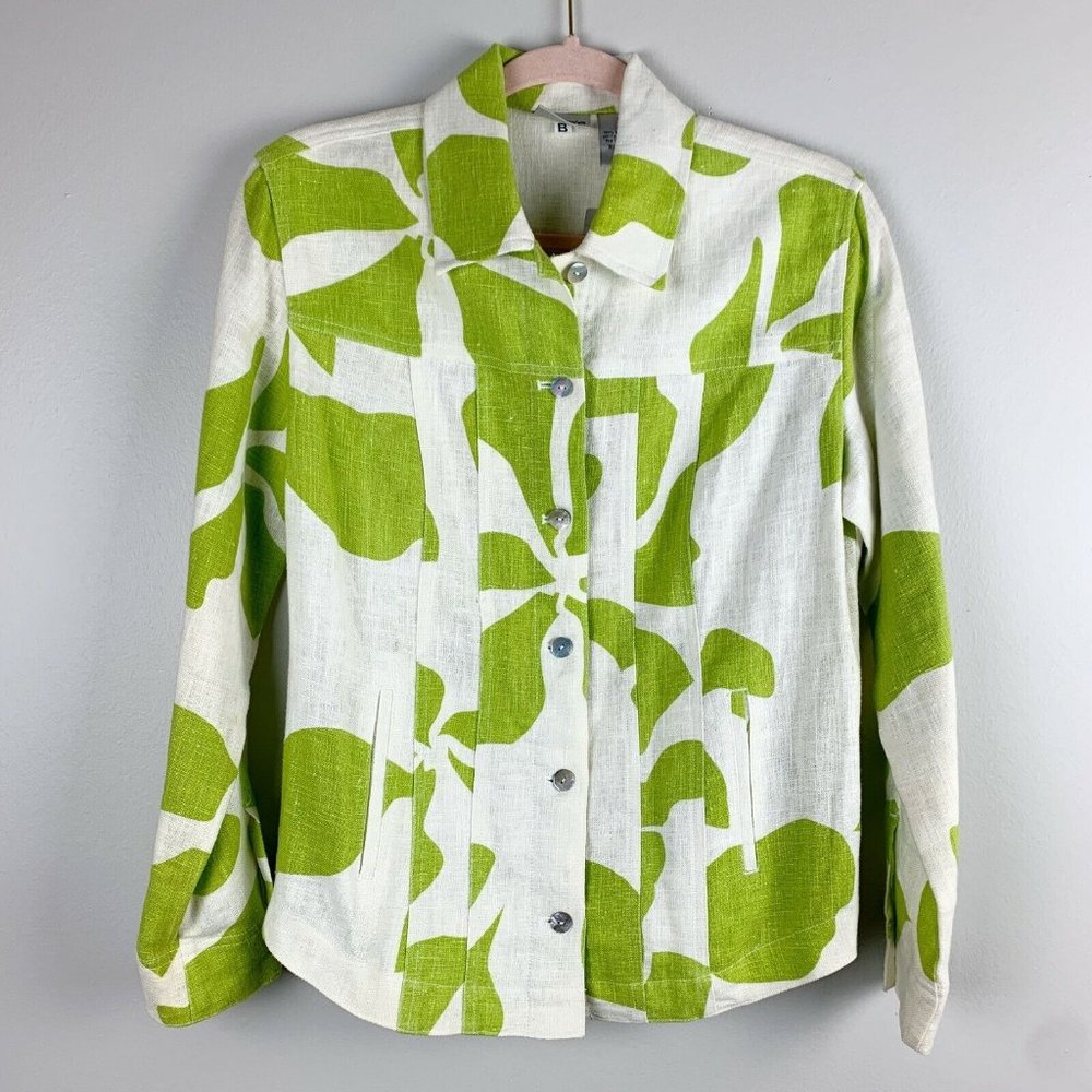 Chico's New With Tag 100% Ramie Jacket Green Bold Floral Size 0 Lightweight